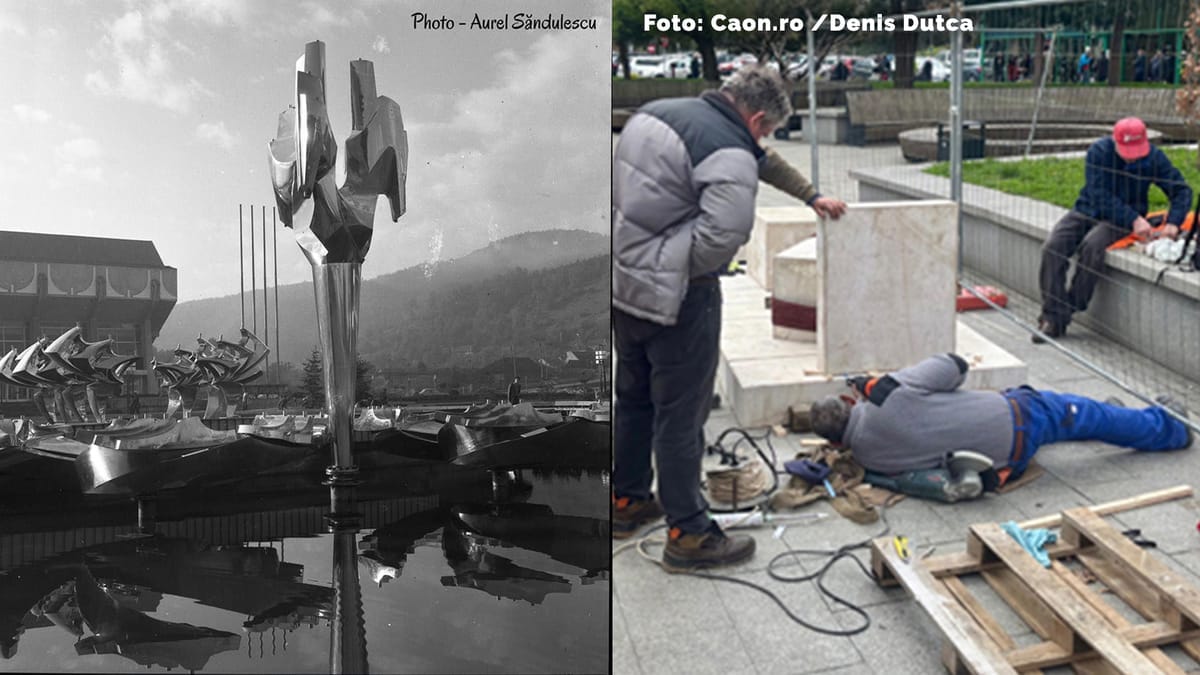 Montarea soclului la Fântâna Cinetică din Reșița. Foto: Denis Dutca / CAON.ro